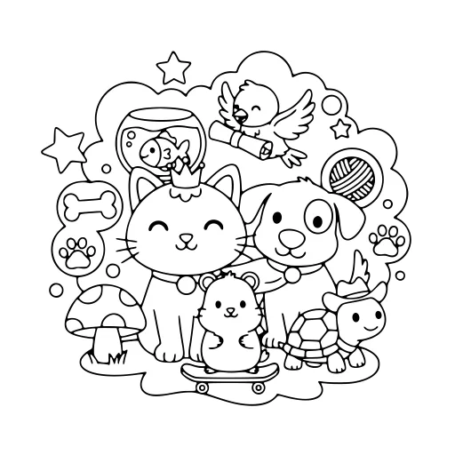 Sunny Pet Scene coloring page: a cat with other pets, in black line art.