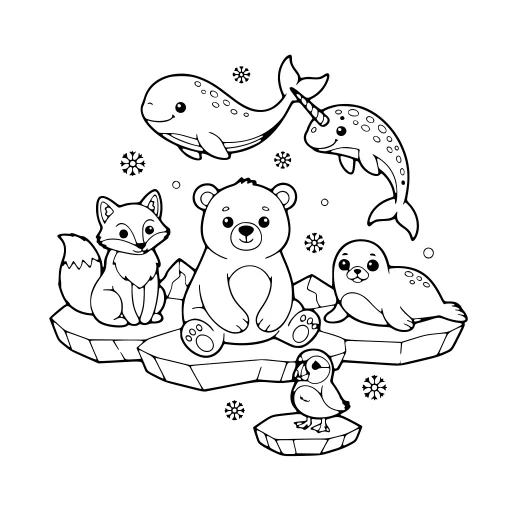 Sweet Arctic Animals coloring page. A sweet arctic animals picture with a friendly mix of large and small areas.