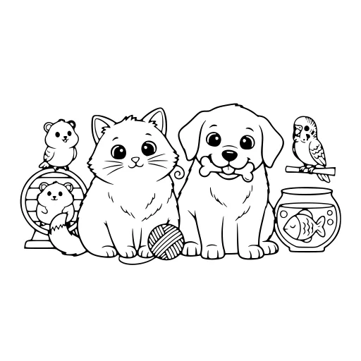 Sweet Pets coloring page. A sweet pets picture with a friendly mix of large and small areas.