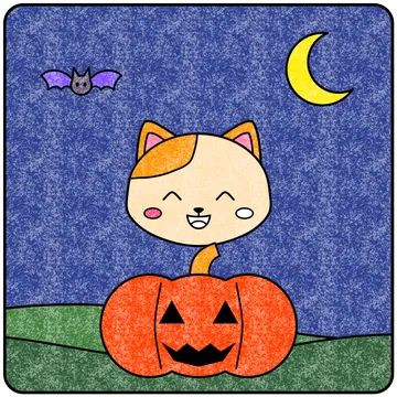Kitten and Pumpkin: a coloring page colored in Crayon with crayon texture