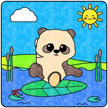 Mochi Surfs the River: a coloring page colored in Crayon with crayon texture