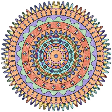Twilight Rosette Mandala: a coloring page colored in Crayon with crayon texture