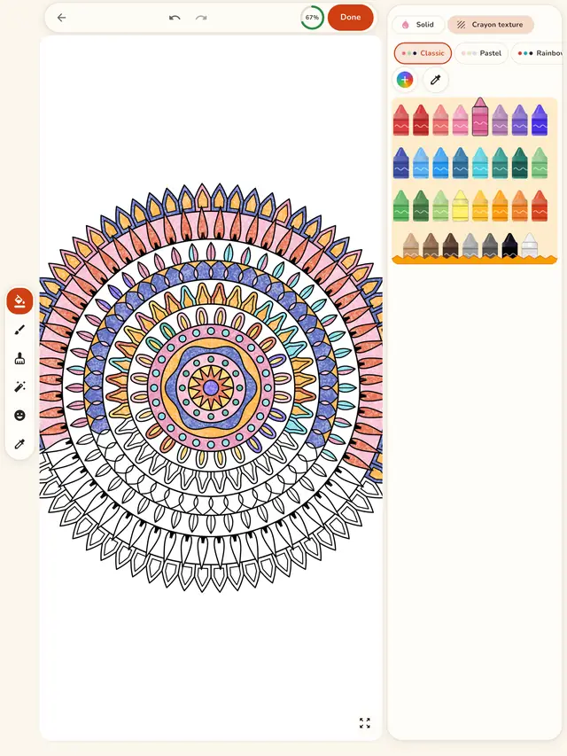 Crayon on iPad: a mandala on the page and the crayon box in a side panel