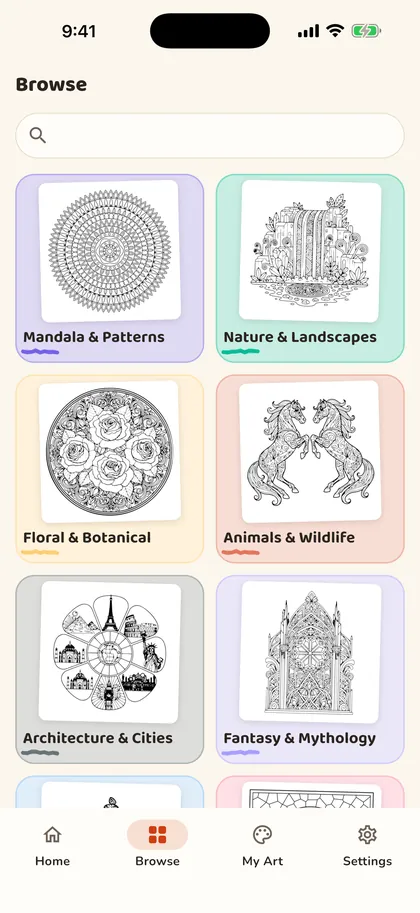 Browsing categories of coloring pages on iPhone
