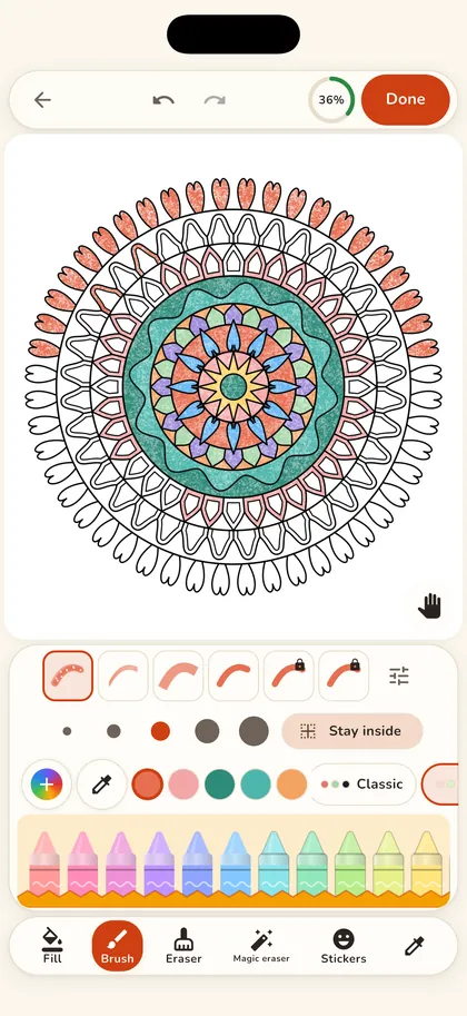 The brush panel on iPhone with crayon, pencil and marker brushes and Stay inside