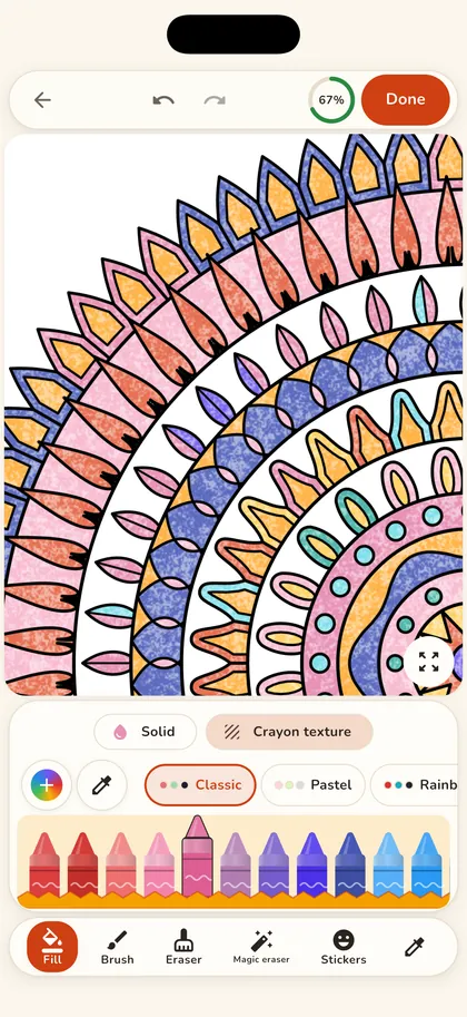 Tap to fill on iPhone: one tap colors a whole area of a mandala