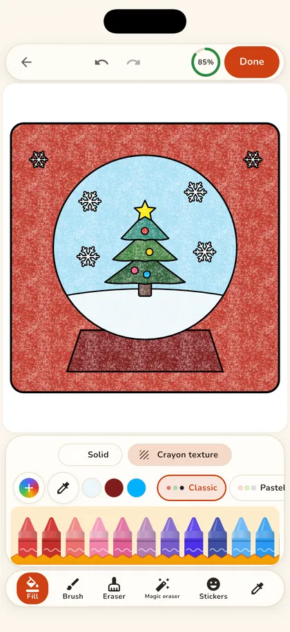 A snow globe page colored with crayon texture in the Crayon editor