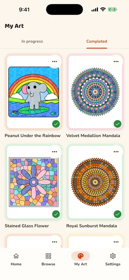 My Art on iPhone: finished pages in a grid