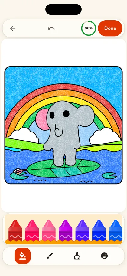 The simple mode on iPhone: an elephant page with big crayons