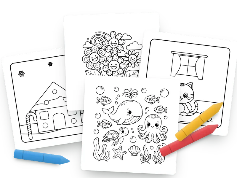 Printable coloring pages from the Crayon library: a gingerbread house, smiling flowers, a cat by a window and sea animals, with three crayons